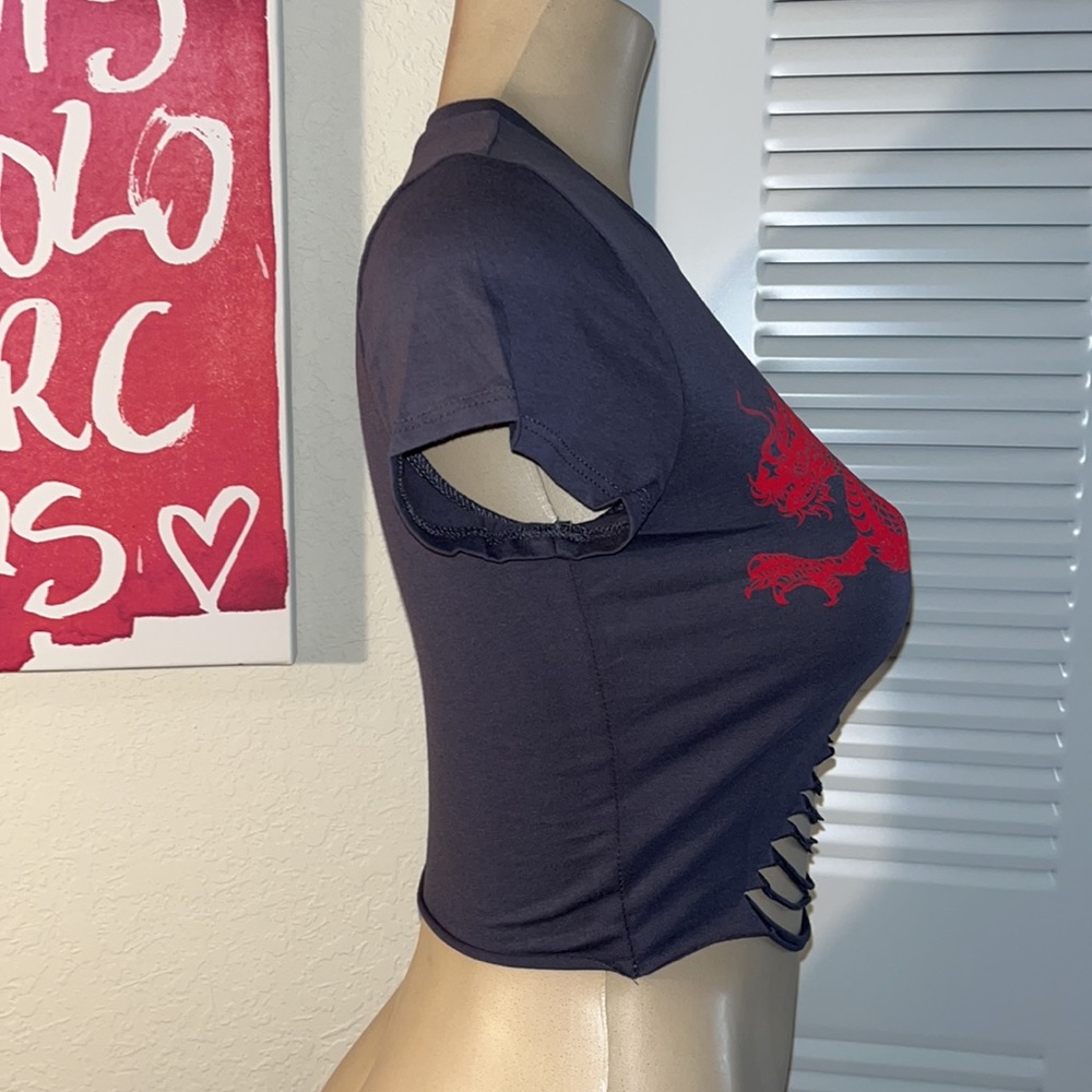 SOLD LAST ONE! Fashion Nova Red Dragon Ripped T-Shirt - Picture 2 of 9